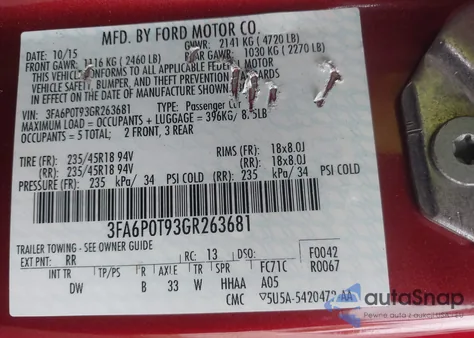 2016 Ford Fusion Se z USA, uszkodzony, nr VIN 3FA6P0T93GR263681